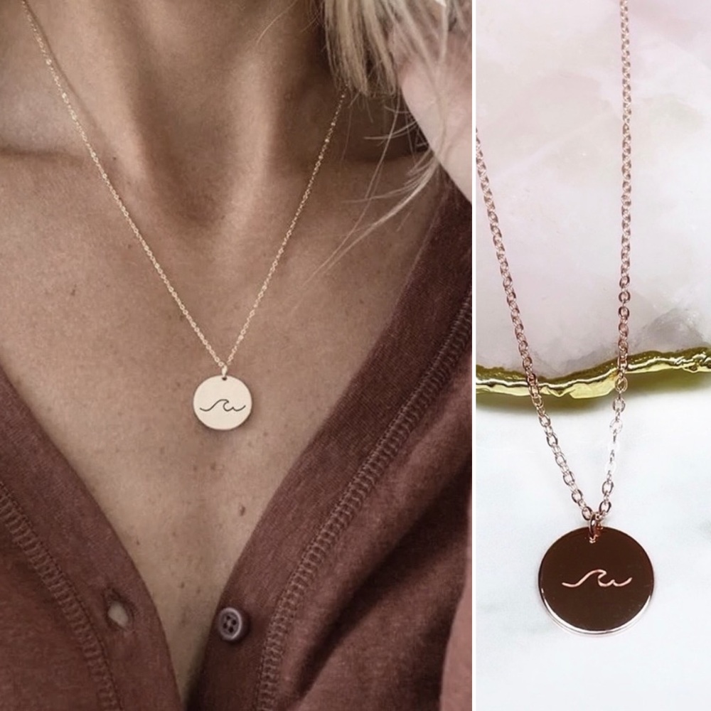 Wave Necklace // rose gold engraved delicate choker ocean beach boho bohemian - Picture 1 of 10